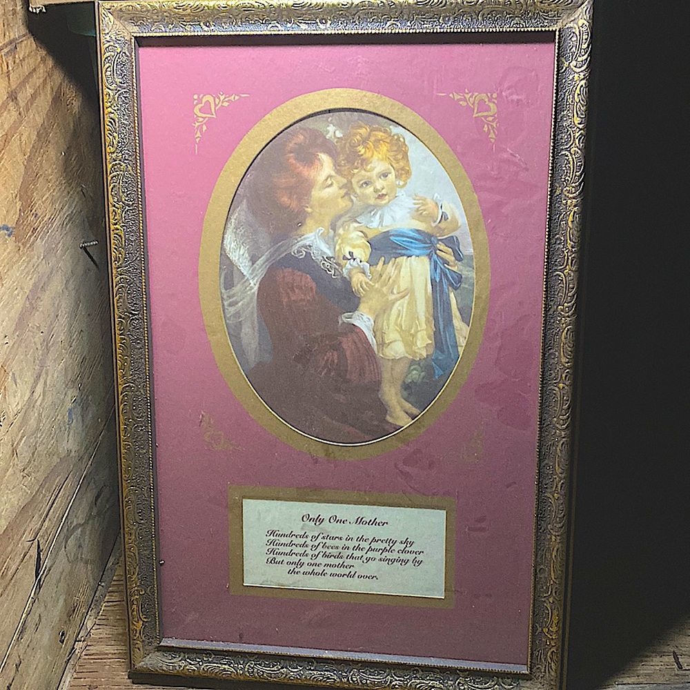 “Only One Mother" vintage, Victorian mother and child poem, in ornate frame.